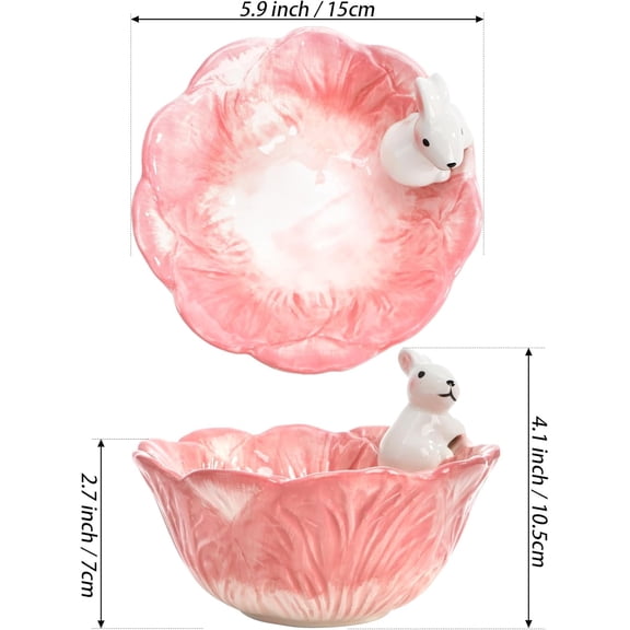 2 Pieces Cute Ceramic Candy Bowl Pink Easter Bowls, 14 oz Ceramic Tableware Rice Soup Dessert Salad Bowls, 5.9 Inch Hand-Painted Bunny Candy Dish with Cabbage Rabbit Shaped Design