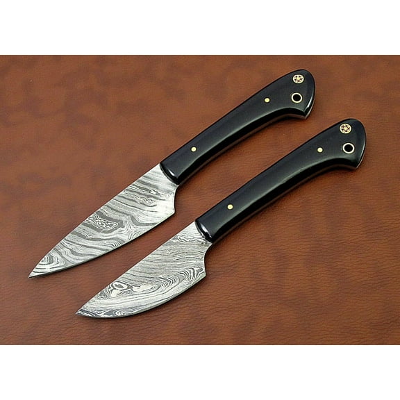 2 Pieces Damascus steel utility knives set, Bull horn scale with inserting hole