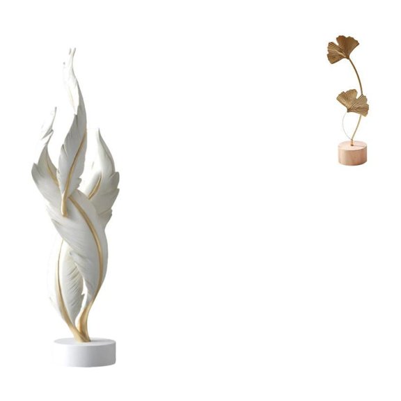 2 Pieces Decorative Figurine Feather Sculpture Leaf Statue Resin Metal Art for Home Office Table Shelves Party Display
