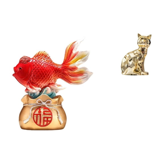 2 Pieces Decorative Statue Chinese Feng Shui Fish Sculpture Resin Material Home Office Tabletop Ornament