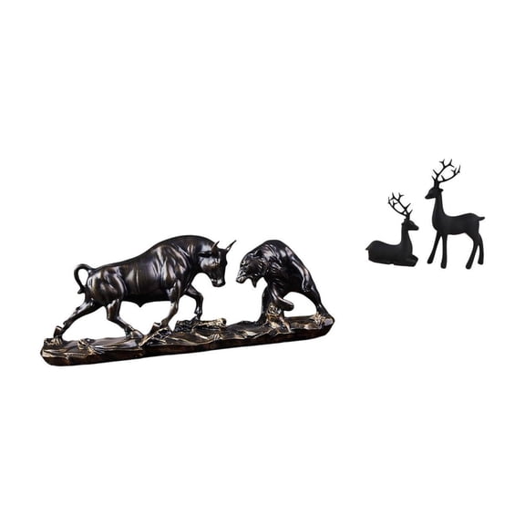 2 Pieces Deer Bull Bear Figurine Resin Desktop Statue Animal Craft Decoration for Study Living Room Shelf Holiday Gift