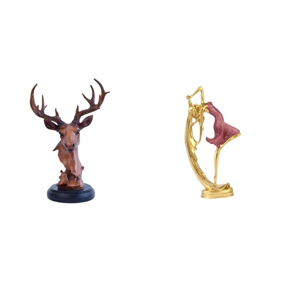 2 Pieces Deer Head Figurine Ballet Dancing Girl Statue Resin Material Decorative Ornament for Office Bedroom Living Room