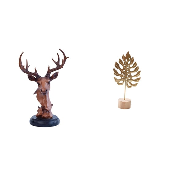 2 Pieces Deer Head Figurine Leaf Sculpture Metal Resin Decor for Living Room Office Shelf Party Table Display