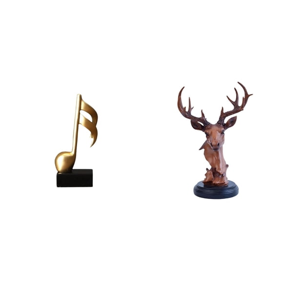 2 Pieces Deer Head Figurine Music Note Sculpture Resin Tabletop Centerpiece for Home Office Desktop Decoration