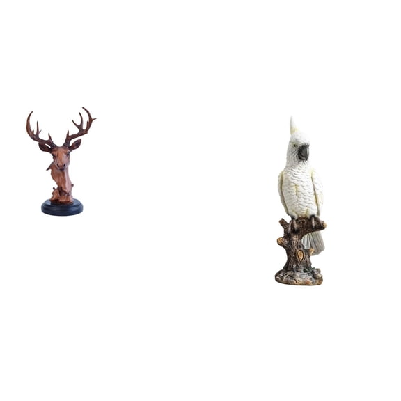 2 Pieces Deer Head Figurine Parrot Statue Animal Sculpture Resin Material Home Office Desktop Decor