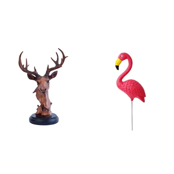 2 Pieces Deer Head Ornament Flamingo Garden Stake Tabletop Figurine HDPE Material for Home Garden and Office Decor