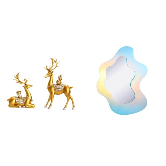 2 Pieces Deer Statues Rainbow Acrylic Mirror Wavy Desktop Figurine Resin Material for Living Room Office Decor
