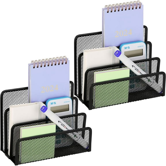 2 Pieces Desk Mail Organizer, Metal Mesh Small File Holders Letter Organizer, Bill/Document/Filing/Folders/Paper Organizer for Desktop (BLACK-2PCS)