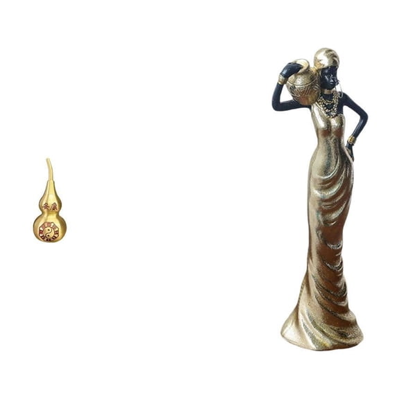 2 Pieces Desktop Brass Gourd Statue Tribal Lady Art Piece Sea Turtle Sculpture Mini Resin Ornament for Home Office Decor