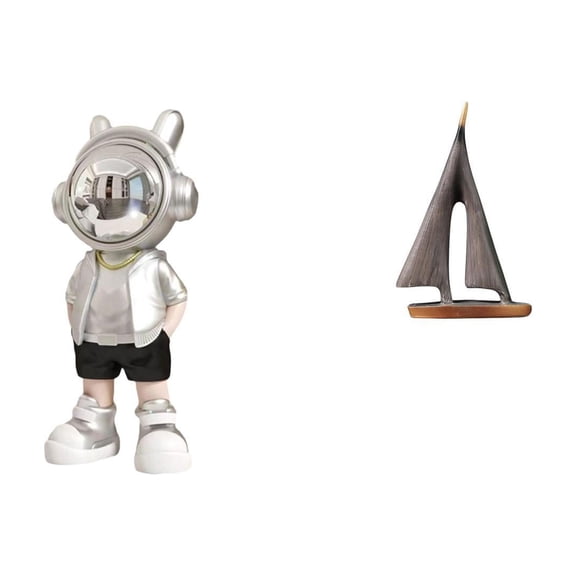 2 Pieces Desktop Figurine Astronaut Statue Sailing Boat Ornament Resin Material for Fireplace Hotel Living Room