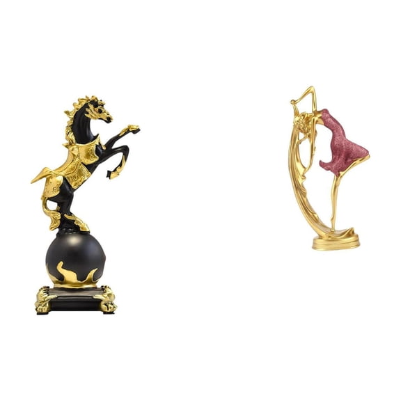 2 Pieces Desktop Figurine Horse Statue Dancing Girl Sculpture Resin Crafted for Bedroom Living Room Office Art Lovers