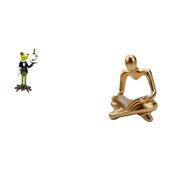2 Pieces Desktop Figurine Waiter Frog Statue Abstract Thinker Sculpture Resin Material for Shelf Table Home Decoration