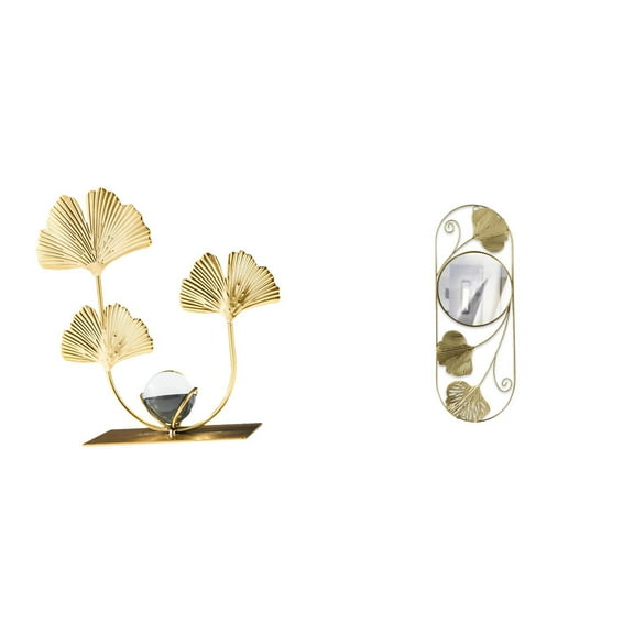 2 Pieces Desktop Ornament Metal Decoration Hanging Mirror Elegant Ginkgo Leaf Style for Entryway Hallway Office Cabinet