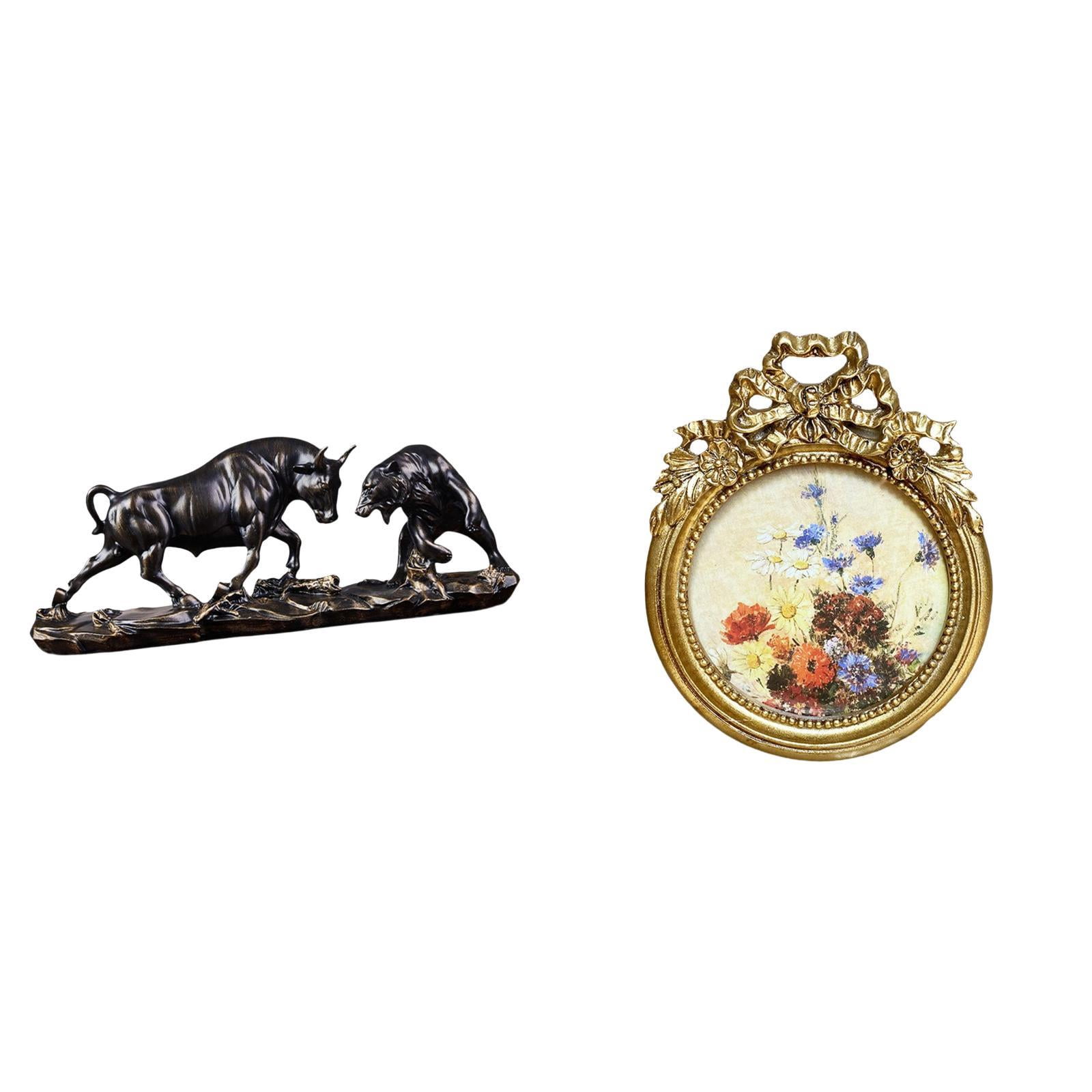 2 Pieces Desktop Statue Photo Frame Bull Ornament Vintage Golden Finish ...