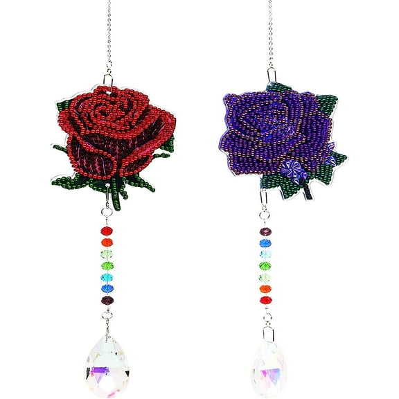 2 Pieces Diamond Painting Wind Chime, Crystal Art Kits Hanging Ornament Floral Rose Flower Sun Catcher Wind Chimes for Adults Kids Summer Holiday Window Decor Home Garden Decorations