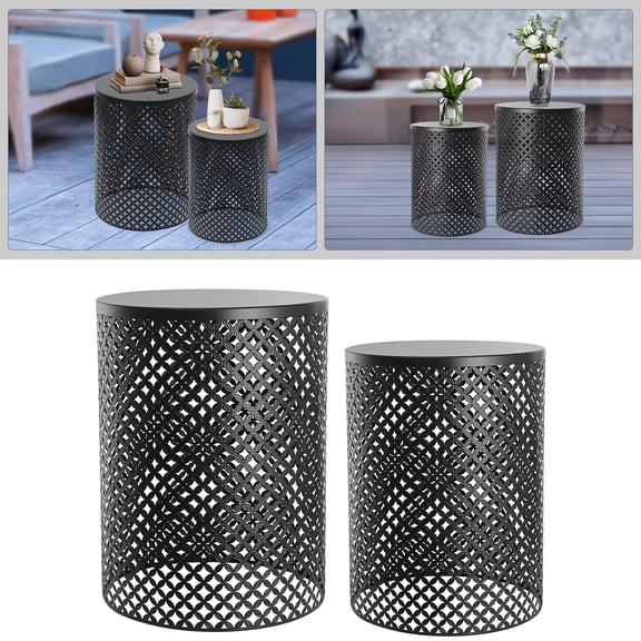2 Pieces Different Size Outdoor Side Table, Cylindrical Shape Metal Frame Accent Table, Modern Style End Table