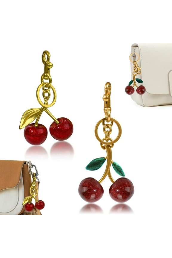 2 Pieces Different Styles Cherry Bag Charms, Red Glitter Cherry Keychain with Gold/Green Leaf, Cute Cherry Key Chain Accessories for Purse Women Handbags Car