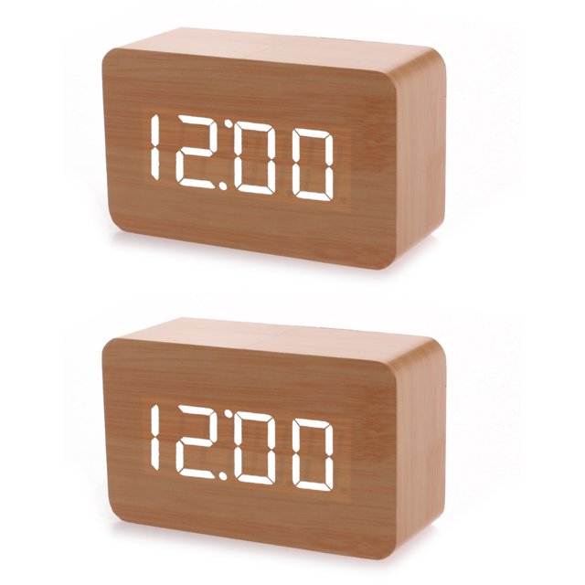 2 Pieces Digital Desk LED Alarm Clock Wooden Table Top Clocks Modern