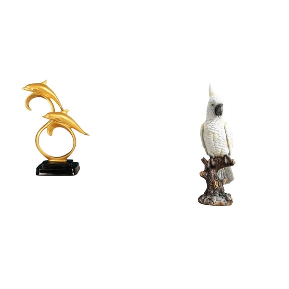2 Pieces Dolphin Parrot Figurine Sculpture Resin Material Lifelike Animal Decor for Office Home Bookshelf