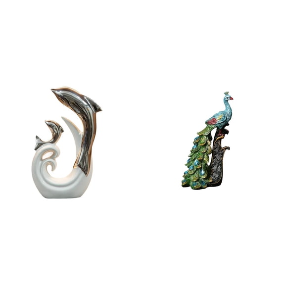 2 Pieces Dolphin Peacock Figurine Ceramic Resin Unique Artistic Surface Modern Office Coffee Table Decoration