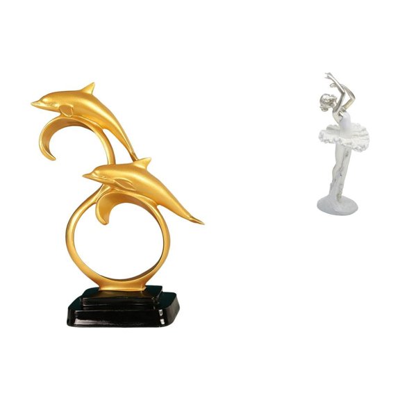 2 Pieces Dolphin Statue Ballet Girl Figurine Resin Ornament for Living Room Fireplace Entrance Cabinet Gift