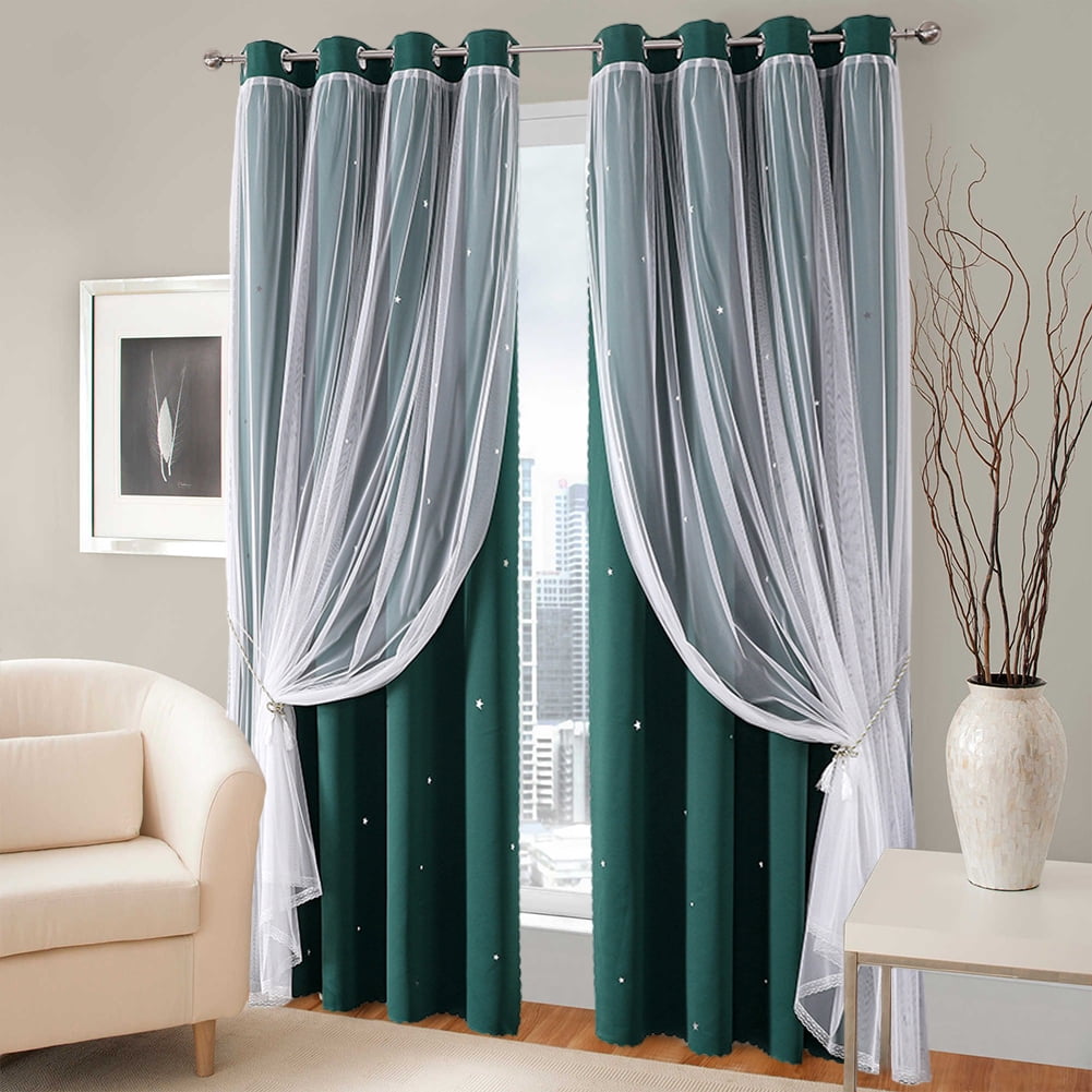 2 Pieces Double Layered Sheer Curtains Blackout Curtains Lace Sheer ...