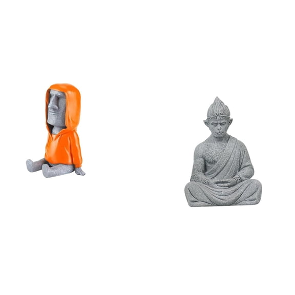 2 Pieces Easter Island Statue Moai Head Monkey Buddha Resin Material for Home Office Desk Decor