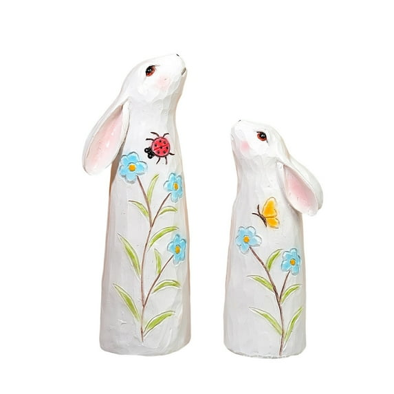 2 Pieces Easter Wooden Carving Bunny Pair Set, Nordic Home Style Outdoor Garden Decoration, Resin Craft Ornament for Spring and Easter Decor,White