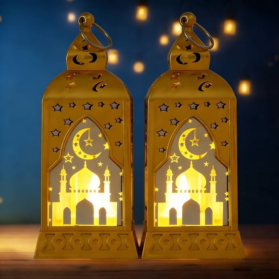 2 Pieces Eid Mubarak Lanterns Decoration 5.2" Height Hanging Lamp Ramadan Flameless Candle Holder with Transparent Glass Eid Mubarak Gifts Lantern for Home Tabletop Decor