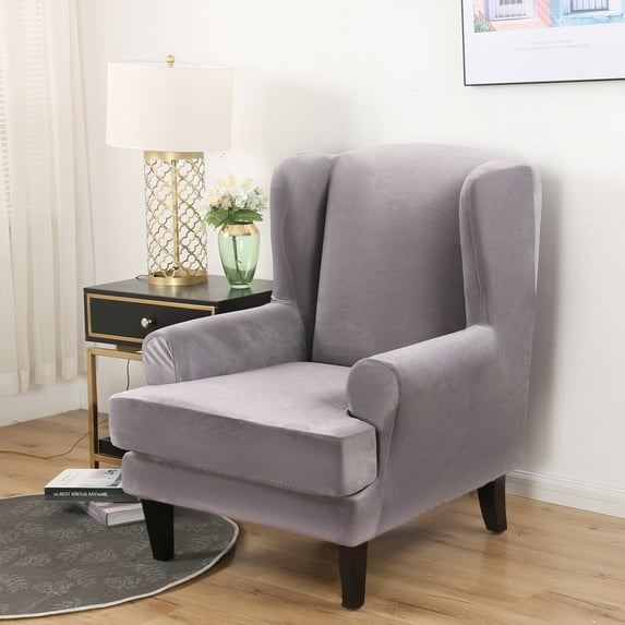 2-Pieces Elastic Wing Chair Slipcover Universal Arm Wingback Cover Furniture Protector Stretch Sofa Slipcovers for Living Room, Sliver Grey