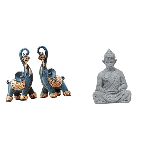 2 Pieces Elephant Figurine Monkey Buddha Statue Animal Ornament Resin Material for Home Office Decor