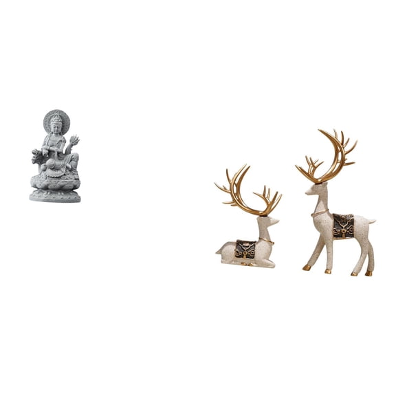 2 Pieces Elk Deer Statue Guan Yin Figurine Reindeer Sculpture Compact Resin Design for Indoor Hallway