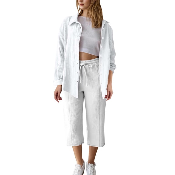 2 Pieces Fall Sets for Womens Lapel Front Button Long Sleeve Blouses Open-Front Ultra Soft Textured Sweatshirts High Waisted Drawstring Elastic Waist Sweatpants Beach Gym Workout Running Casual Pants