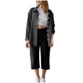 thumbnail image 1 of 2 Pieces Fall Shirts Pants for Womens Lapel Long Sleeve Blouses Open-Front Button Down Jackets Cover Ups Relaxed Fit Light Warm Wind Resistant Sweater Shirts High Waist Athletic Stretch Pants 2 Pacs, 1 of 5