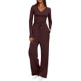 thumbnail image 1 of 2 Pieces Fall Winter Sets for Womens Slim Fitted V Neck Thermal Blouses Ultra Soft Textured Long Sleeve Tops Drawstring Adjustable Relaxed Fit Trousers 2 Pieces Sets Trendy Bussiness Office Outfits, 1 of 7