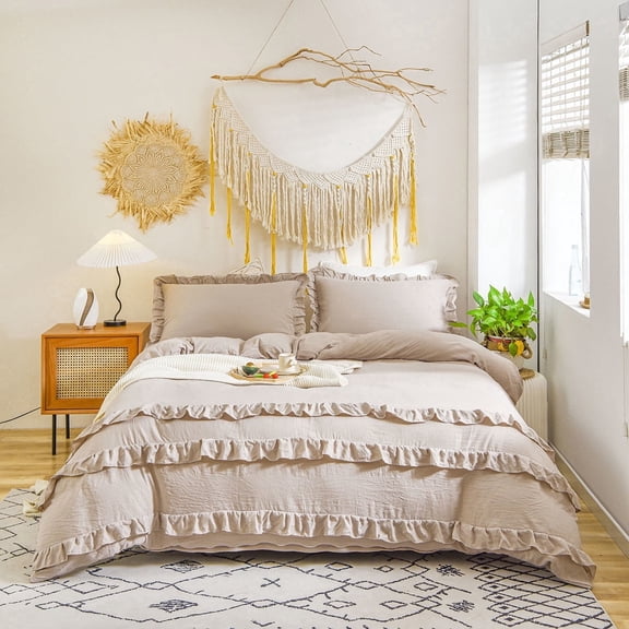 2 Pieces Farmhouse Boho Aesthetic Shabby Chic Triple Ruffles Duvet Cover Set Microfiber Ultra Soft and Breathable Twin Bedding Set