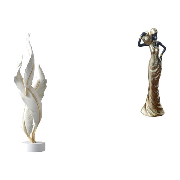 2 Pieces Feather Sculpture African Figurine Tribal Lady Statue Durable Resin for Fireplace Cabinet Bedroom Decor