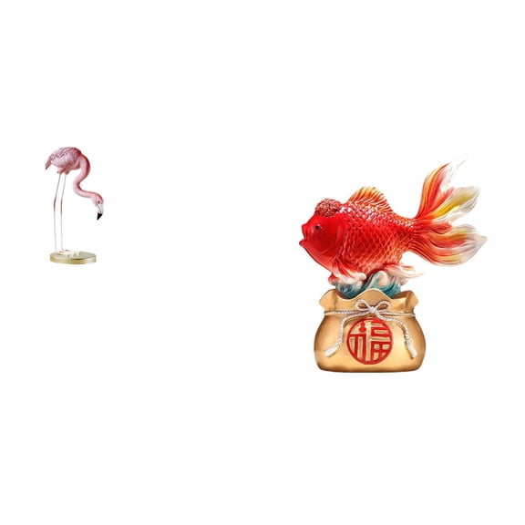 2 Pieces Flamingo Resin Statue Fish Sculpture Bird Figurine Hand Painted Resin Art for Home Garden Office Decor