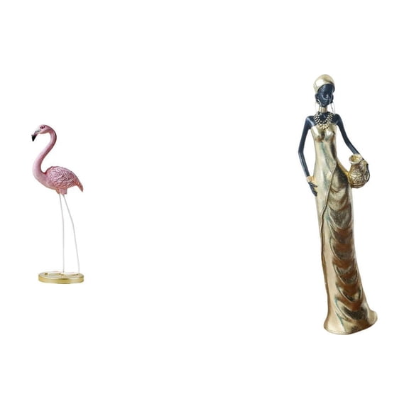 2 Pieces Flamingo Resin Statue Sculpture African Tribal Lady Figurine Handcrafted Pink Resin for Garden Desk Bedroom