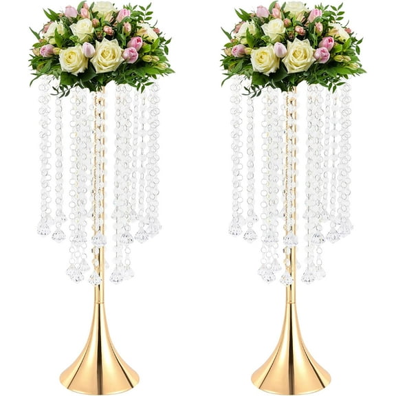 2 Pieces Floor Flower Stand Wedding Centerpiece, High Metal Flower Arrangement Stand with Flared Base, Tabletop Vase with Crystal Beads for Wedding Party Dinner Event Hotel/Home Decor, Gold