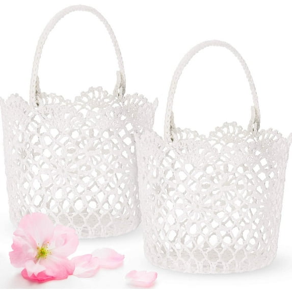 2 Pieces Flower Girl Basket for Wedding Small White Basket with Handle for Wedding Girls Flower Petals Confetti 5.90 x 4.72 x 4.33 Inch(Classic Style)