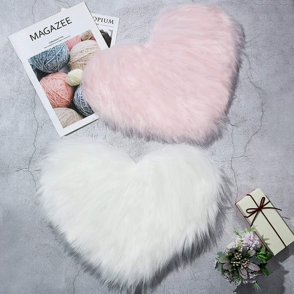 2 Pieces Fluffy Heart Shaped Rug Faux Area Rug Bushy Room Carpet for Home Living Room Sofa Floor Bedroom, 12 x 16 Inch (White and Pink)
