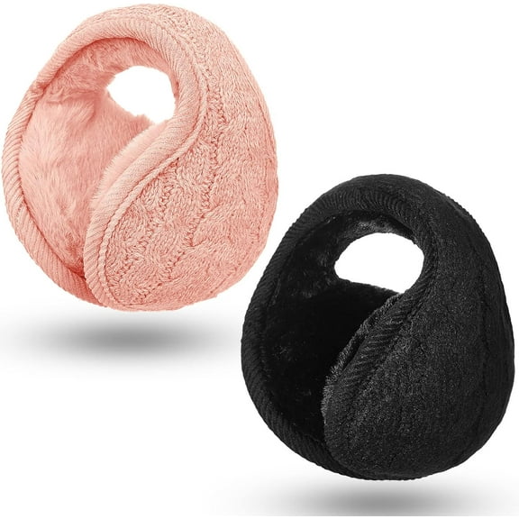 2 Pieces Foldable Ear Warmers Adjustable Knitted Earmuffs with Fuzzy Fleece Lining Unisex Furry Winter Earmuffs