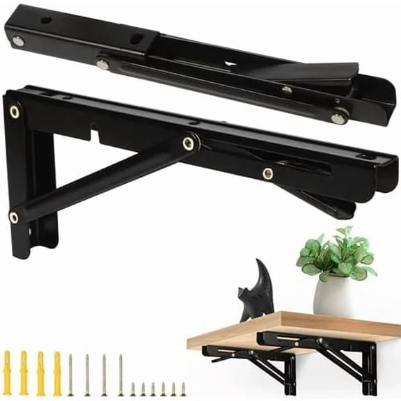 2 Pieces Folding Shelf Brackets Heavy Duty 10 Inches Collapsible Shelf Brackets Black Metal Shelf Support Brackets for Kitchen Study Warehouse DIY Projects Shelf Bracket