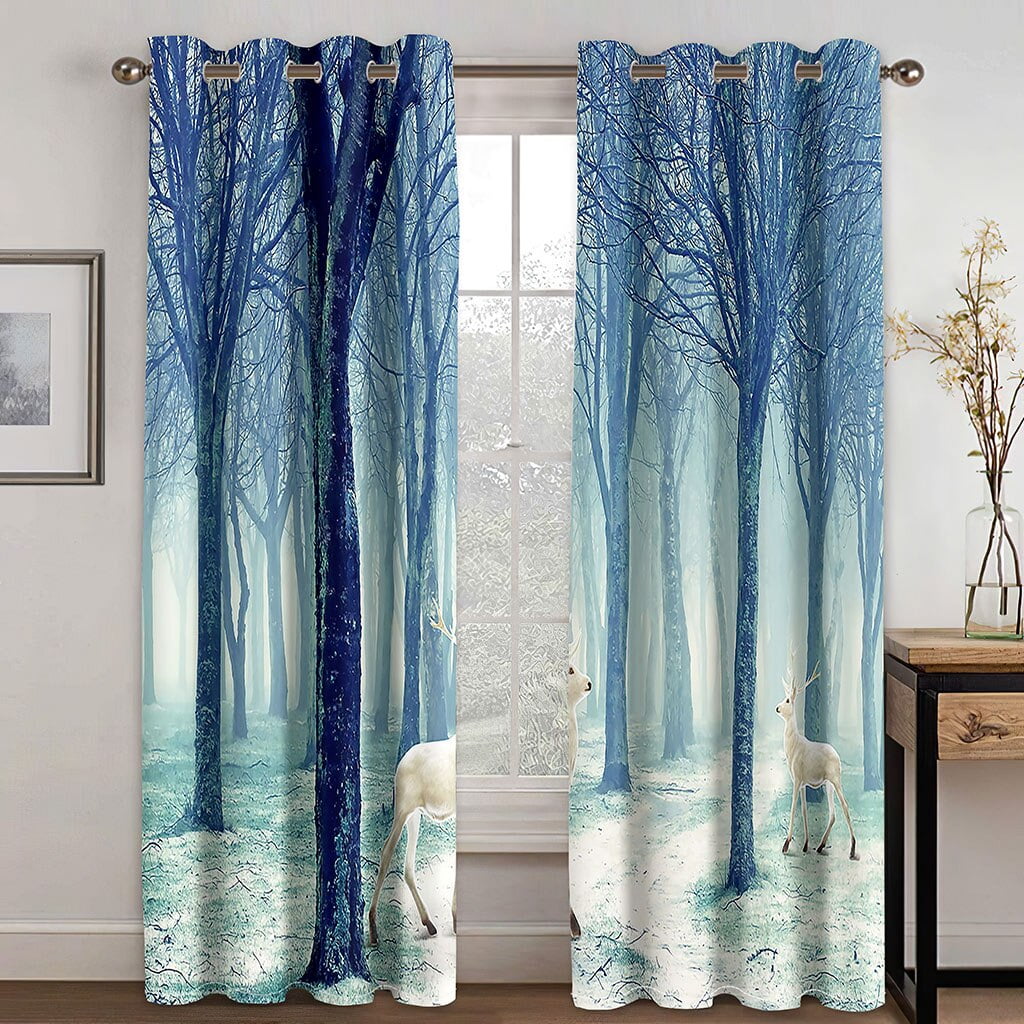 Fairytale Printed Curtain / Drapes For Living Room Dining Room Bed Room With 2 Panel Set - Multiple Sized Full Moon Lake shops Trees Stars Blue