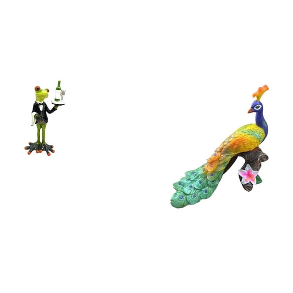 2 Pieces Frog Statue Peacock Sculpture Animal Figurine Resin Art for Desk Shelf Garden Office Decorations