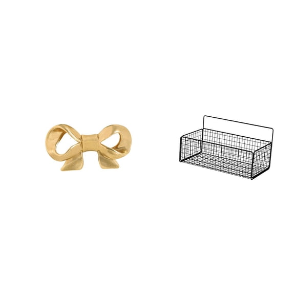 2 Pieces Furniture Handle Storage Basket Cabinet Pull Brass Bowknot Iron Wire Organizer for Kitchen Bathroom Dresser