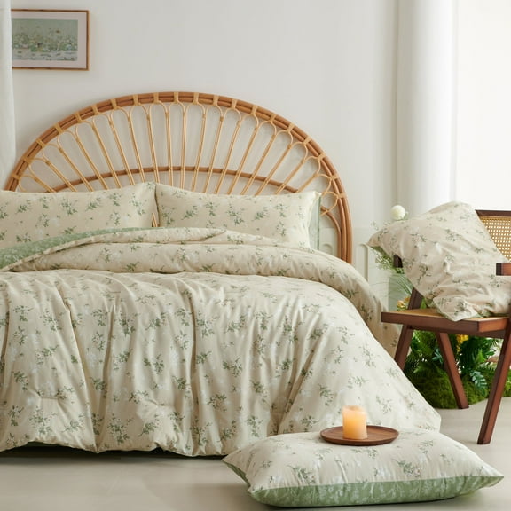 2 Pieces Garden Floral Duvet Cover Green Botanical Bedding Set with Yellow Blue Flowers Print Pattern Soft Microfiber Comforter Cover Set,Twin Size