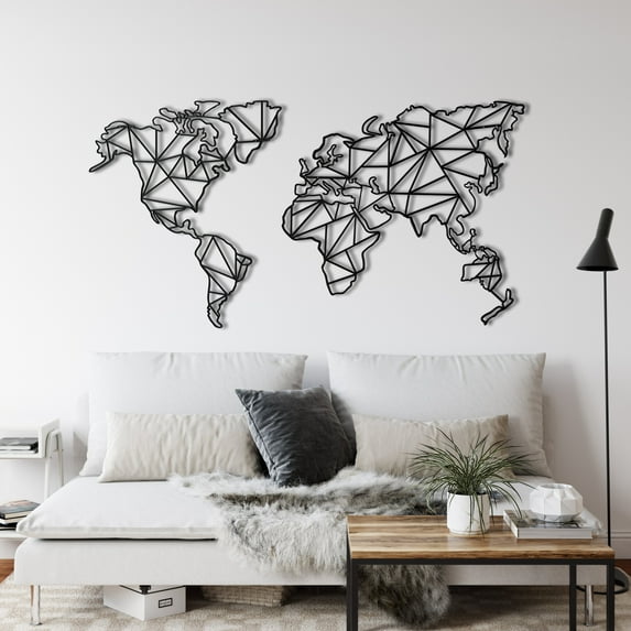 2 Pieces Geometric World Map Metal Wall Art for Home and Outside - Wall-Mounted Geometric Metal Wall Art - Drop Shadow 3D Effect Wall Decoration for Living Room Bedroom