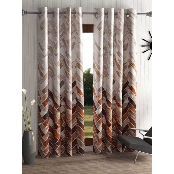 2 Pieces Geometrical Panel Eyelet Polyester Door Curtains - 7 Feet, Brown